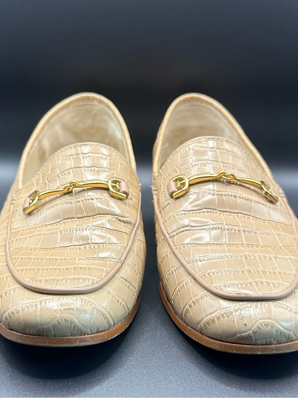 Sam Edelman Beige Croc-Embossed Leather Loafers with Gold Bit